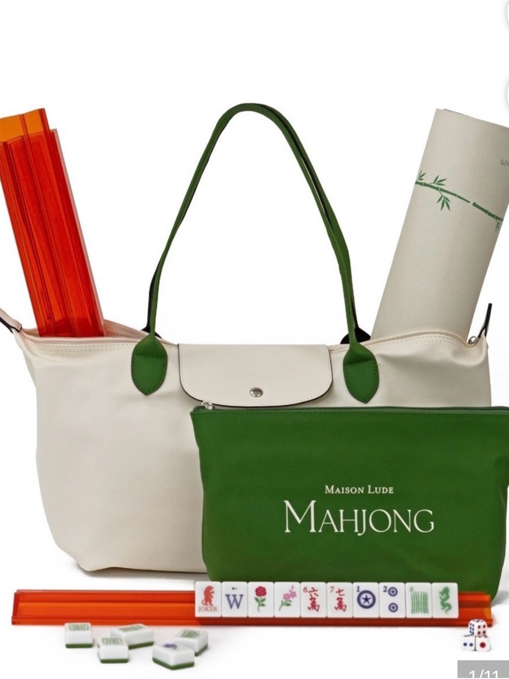 Cream Mahjong Tote with Green Accents